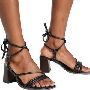 ASOS Hollow Y2K Strappy Ankle Tie Block Heel Faux Leather Sandals Black Size  7